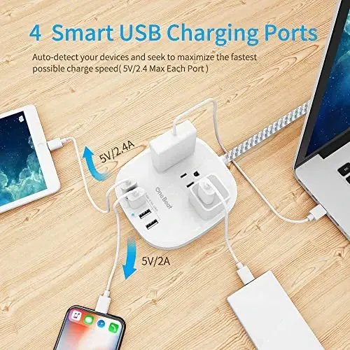One Beat Desktop Power Strip with 3 Outlet 4 USB Ports 4.5A, Flat Plug and 5 ft Long Braided Extension Cords for Cruise Ship Travel Home Office, ETL Listed - 2