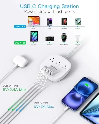 Cruise Essentials 2025,One Beat Travel Power Strip with 3 Outlets 4 USB Ports 3.1A,3ft Flat Plug Extension Cords Desktop Charging Station for Travel Home Office,Cruise Ship Essentials,ETL Listed - 4