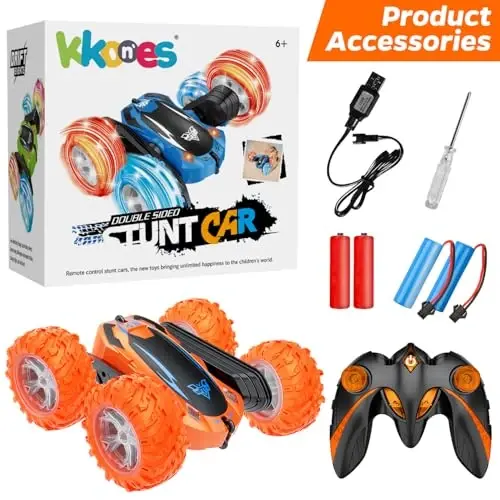 Remote Control Car, 2.4GHz Electric Race Stunt Car, Double Sided 360° Rolling Rotating Rotation, LED Headlights RC 4WD High Speed Off Road Gift for 3 4 5 6 7 8-12 Year Old Boy Toys (Orange) - 10