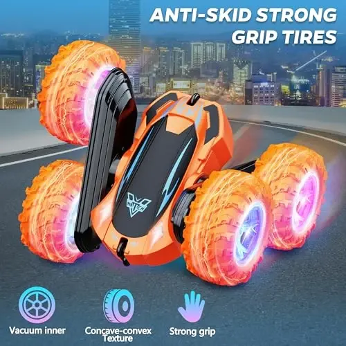 Remote Control Car, 2.4GHz Electric Race Stunt Car, Double Sided 360° Rolling Rotating Rotation, LED Headlights RC 4WD High Speed Off Road Gift for 3 4 5 6 7 8-12 Year Old Boy Toys (Orange) - 11