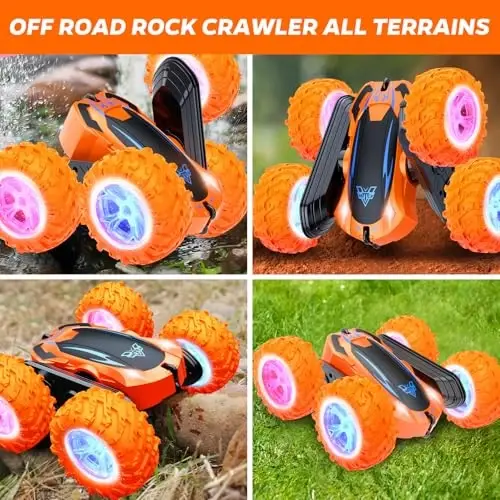 Remote Control Car, 2.4GHz Electric Race Stunt Car, Double Sided 360° Rolling Rotating Rotation, LED Headlights RC 4WD High Speed Off Road Gift for 3 4 5 6 7 8-12 Year Old Boy Toys (Orange) - 12