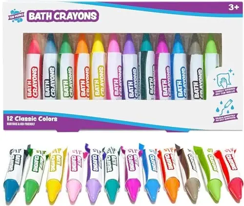 Tub Works® Smooth™ Bath Crayons Bath Toy, 12 Pack | Nontoxic, Washable Bath Crayons for Toddlers & Kids | Unique Formula Draws Smoothly & Vividly on Wet & Dry Tub Walls | Hexagon Grip Bathtub Crayons - 1