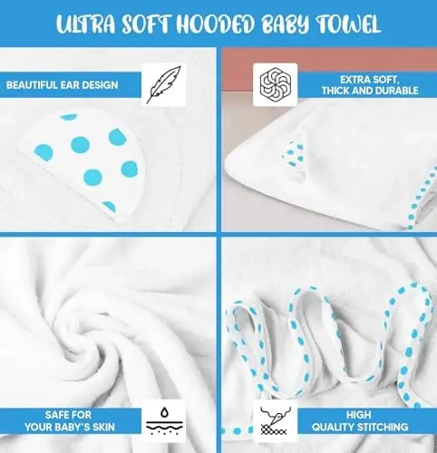 ELSVIN Set of 2 Hooded Baby Towels – White and Blue – Luxurious, Large and Super Absorbent – 30 x 30 Inch – Soft and Suitable for Infants, Toddlers and Kids – 400 GSM - 9