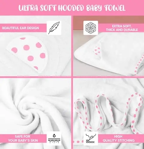 ELSVIN Set of 2 Hooded Baby Towels – White and Pink – Luxurious, Large and Super Absorbent – 30 x 30 Inch – Soft and Suitable for Infants, Toddlers and Kids – 400 GSM - 9