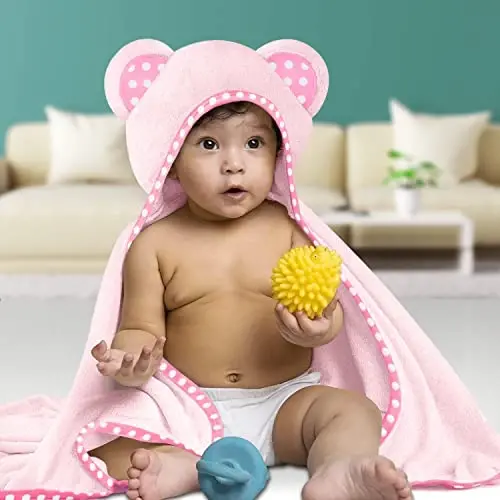 ELSVIN Set of 2 Hooded Baby Towels – White and Pink – Luxurious, Large and Super Absorbent – 30 x 30 Inch – Soft and Suitable for Infants, Toddlers and Kids – 400 GSM - 11
