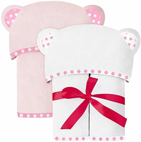 ELSVIN Set of 2 Hooded Baby Towels – White and Pink – Luxurious, Large and Super Absorbent – 30 x 30 Inch – Soft and Suitable for Infants, Toddlers and Kids – 400 GSM - 1