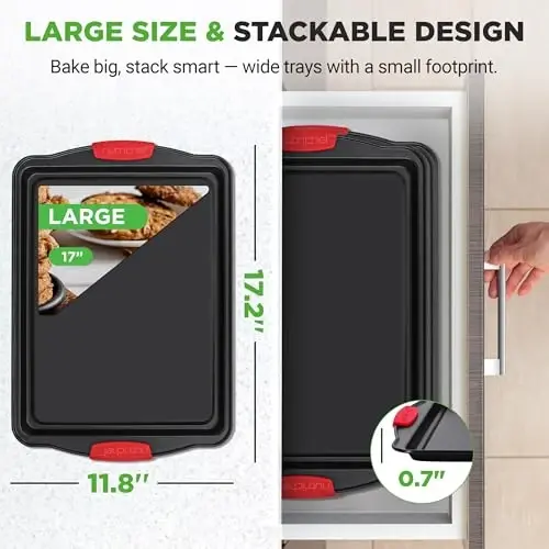 NutriChef 3-Piece Large Nonstick Cookie Sheets for Baking | Premium Food-Grade Carbon Steel, Non-Stick Tray Set with Silicone Handles, Oven Safe up to 446°F | Easy to Clean, 17.2 x 11.8 x 0.7 Inch - 3