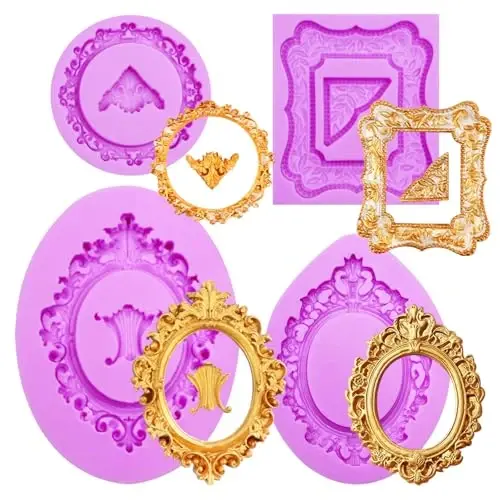 Frame Silicone Mold, 4 Pcs Picture Frame Molds for Chocolate Vintage Baroque Photo Frame Molds for Cake Decorating Cupcake Topper Candy Polymer Clay 