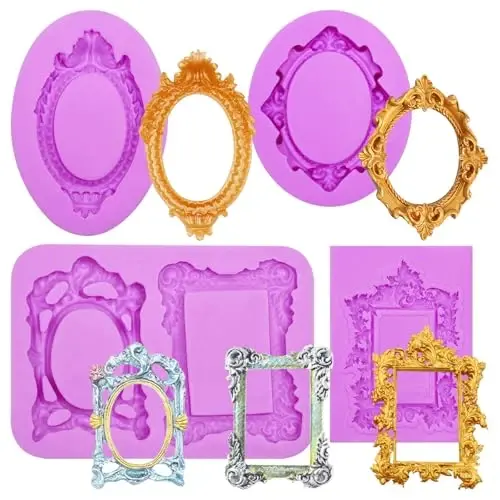 Acvcatto Silicone Frame Chocolate Molds, Vintage Ornate Picture Frame Fondant Molds, for Resin Casting Crafts Cake Decoration Set of 4 