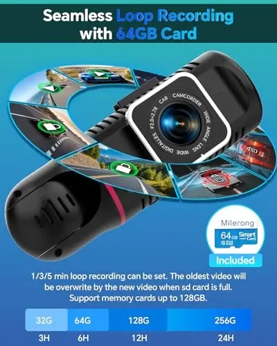 Dash Cam Front and Rear Inside 3 Channel, 1080P Dashcam with 64GB Card | Dash Camera for Cars with 24H Parking Monitor, Super Night Vision, Loop Recording, G-Sensor, WDR, 2.3