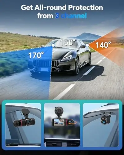 Dash Cam Front and Rear Inside 3 Channel, 1080P Dashcam with 64GB Card | Dash Camera for Cars with 24H Parking Monitor, Super Night Vision, Loop Recording, G-Sensor, WDR, 2.3