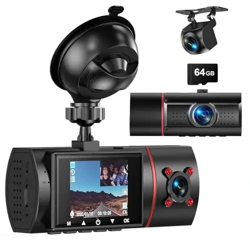 Dash Cam Front Rear and Inside, 3 Channel Dual Dash Camera for Cars W/ 64GB Card,1080P Dashcam Front with Night Vision,Loop Recording,G-Sensor,24H Park Monitor 