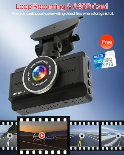 Dash Cam Front and Rear, 4K Full HD Dual Dash Camera for Cars W/ 64GB Card Included, Built-in 5G WiFi & GPS, Car Camera Dashcams for Cars with Night Vision, Parking Monitor, WDR, Emergency Lock - 2
