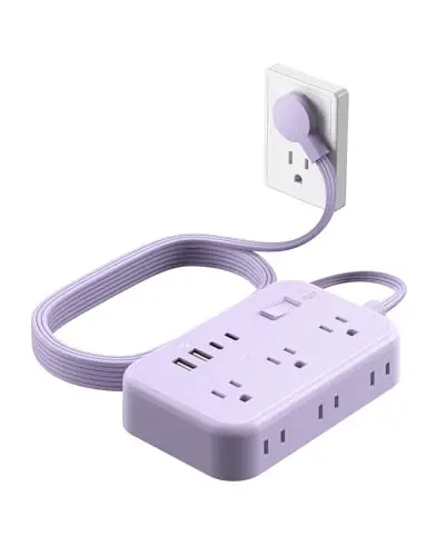 Purple Extension Cord Surge Protector Power Strip with 6 Outlets 4 USB Ports(20W), Flat Extension Cord with Multiple Outlets, 5 ft Flat Plug Outlet Extender for Indoor, Office 