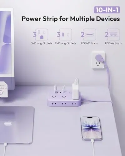 Purple Extension Cord Surge Protector Power Strip with 6 Outlets 4 USB Ports(20W), Flat Extension Cord with Multiple Outlets, 5 ft Flat Plug Outlet Extender for Indoor, Office - 2