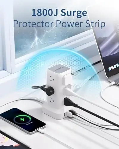 Extension Cord with Multiple Outlets, SMALLRT Flat Plug Surge Protector Power Strip Tower, Power Bars with USB 12 AC Outlets, 16.5FT Ultra Thin Extension Cord for Home Office, Overload Protection - 3