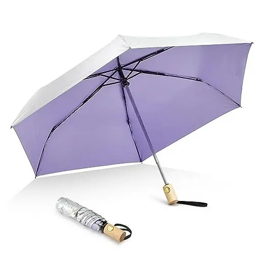 G4Free UPF 50+ UV Protection Travel Umbrella with Wooden Handle, 42 Inch Lightweight Sun Rain Folding Umbrellas Auto Open Close (Light Purple) 