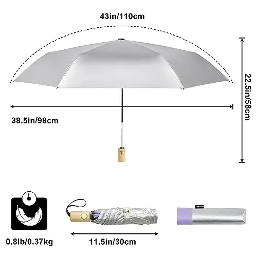 G4Free UPF 50+ UV Protection Travel Umbrella with Wooden Handle, 42 Inch Lightweight Sun Rain Folding Umbrellas Auto Open Close (Light Purple) - 2