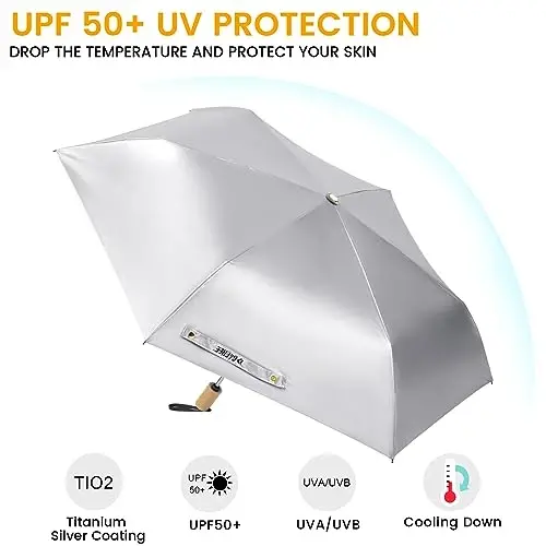 G4Free UPF 50+ UV Protection Travel Umbrella with Wooden Handle, 42 Inch Lightweight Sun Rain Folding Umbrellas Auto Open Close (Light Purple) - 3