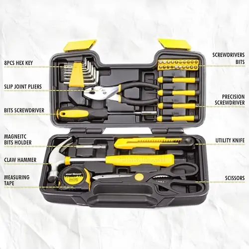 CARTMAN 39-Piece Household Tool Set, Yellow Hand Kit With Storage Case | Complete assortment for home repairs, DIY projects, furniture setup, crafting, and daily household fixes in toolbox. - CARTMAN (1)