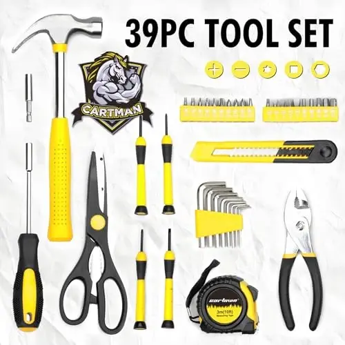 CARTMAN 39-Piece Household Tool Set, Yellow Hand Kit With Storage Case | Complete assortment for home repairs, DIY projects, furniture setup, crafting, and daily household fixes in toolbox. - 3