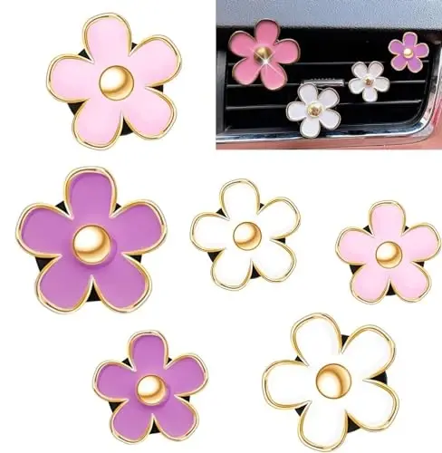 6 Pack Colorful Daisy Flower Car Air Vent Clips Car Air Outlet Freshener Clip for Car Interior Decoration Accessories (White, Pink, Purple) - 1