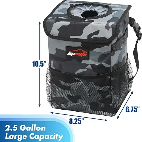 EPAuto Waterproof Car Trash Can with Lid and Storage Pockets, Camouflage Grey - 2