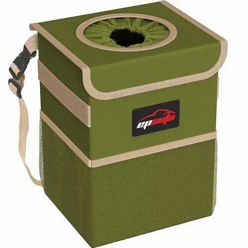 EPAuto Waterproof Car Trash Can with Lid and Pockets, 2.5 Gal, Green | Leakproof, Collapsible Multipurpose Car Bin with 3 Side Storage Pockets, Adjustable Straps - EPAUTO