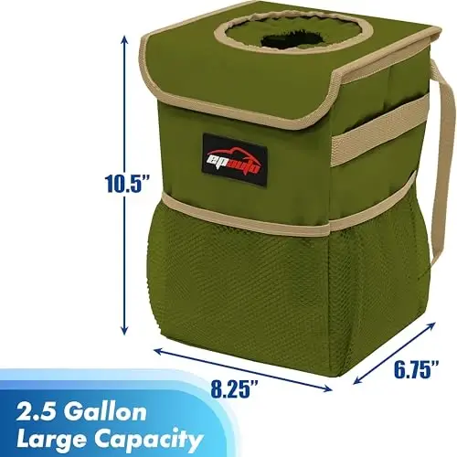 EPAuto Waterproof Car Trash Can with Lid and Pockets, 2.5 Gal, Green | Leakproof, Collapsible Multipurpose Car Bin with 3 Side Storage Pockets, Adjustable Straps - 2