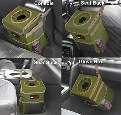EPAuto Waterproof Car Trash Can with Lid and Pockets, 2.5 Gal, Green | Leakproof, Collapsible Multipurpose Car Bin with 3 Side Storage Pockets, Adjustable Straps - 3