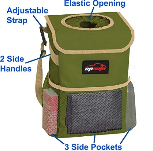 EPAuto Waterproof Car Trash Can with Lid and Pockets, 2.5 Gal, Green | Leakproof, Collapsible Multipurpose Car Bin with 3 Side Storage Pockets, Adjustable Straps - 4