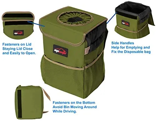 EPAuto Waterproof Car Trash Can with Lid and Pockets, 2.5 Gal, Green | Leakproof, Collapsible Multipurpose Car Bin with 3 Side Storage Pockets, Adjustable Straps - 5