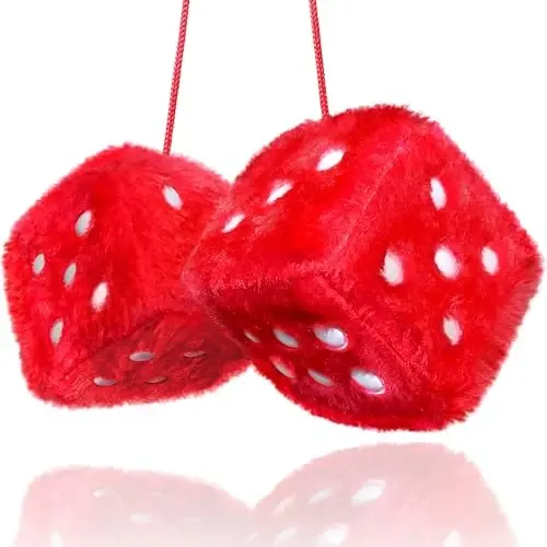 Red Fuzzy Dice for Car - Rear View Mirror Plush Cute Car Accessories for Interior - Auto Rear View Hanging Ornament Decorations - Cool Classic Retro 1970s Aesthetic Automotive Decor - Red and White 