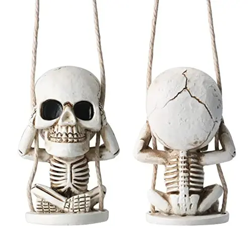 Skull Decor Rear View Mirror Accessories Car Decorations Gothic Christmas Tree Hanging Ornaments Swing Skeleton Cars Pendants Horror Gift for Men Women Teens Cool Thing White Elephant Gifts for Adults 