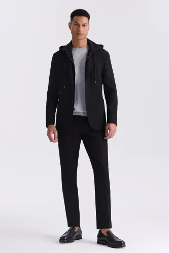 Siyah Slim Fit Mono Yaka Kapüşonlu Spor Takım Elbise - 1