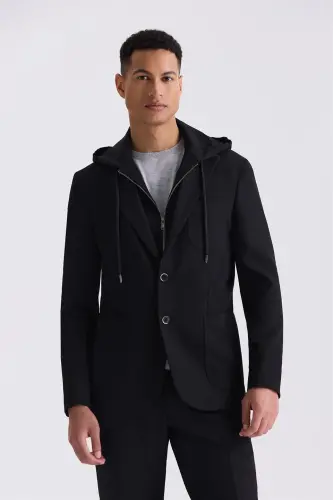 Siyah Slim Fit Mono Yaka Kapüşonlu Spor Takım Elbise - 2