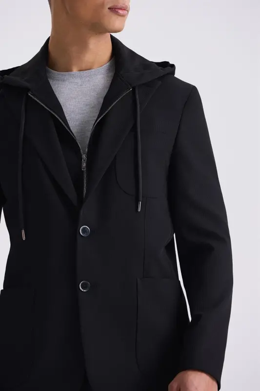 Siyah Slim Fit Mono Yaka Kapüşonlu Spor Takım Elbise - 3