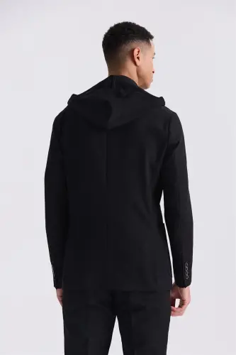 Siyah Slim Fit Mono Yaka Kapüşonlu Spor Takım Elbise - 4