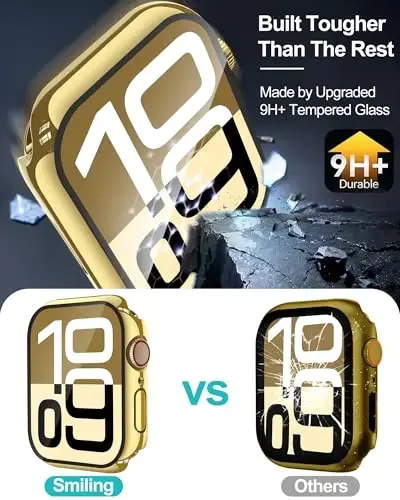 Smiling 2 Pack Case Compatible with Apple Watch Series 11 (2025)/Series 10 42mm with Tempered Glass Screen Protector, Hard PC Case Scratch-Resistant Overall Protective Cove -1 Gold + 1 Transparent - 3