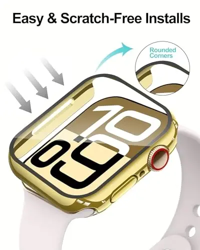 Smiling 2 Pack Case Compatible with Apple Watch Series 11 (2025)/Series 10 42mm with Tempered Glass Screen Protector, Hard PC Case Scratch-Resistant Overall Protective Cove -1 Gold + 1 Transparent - 4