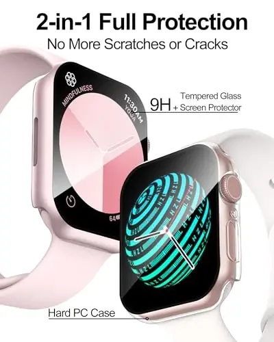 Smiling 2 Pack Case Compatible with Apple Watch Series 9 (2023)/Series 8 /Series 7 45mm with Tempered Glass Screen Protector, Hard PC Case Overall Protective Cover- 1Pink + 1 Transparent - 7