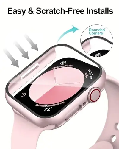 Smiling 2 Pack Case Compatible with Apple Watch Series 9 (2023)/Series 8 /Series 7 45mm with Tempered Glass Screen Protector, Hard PC Case Overall Protective Cover- 1Pink + 1 Transparent - 9