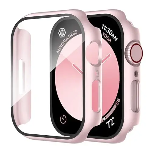 Smiling 2 Pack Case Compatible with Apple Watch Series 9 (2023)/Series 8 /Series 7 45mm with Tempered Glass Screen Protector, Hard PC Case Overall Protective Cover- 1Pink + 1 Transparent 