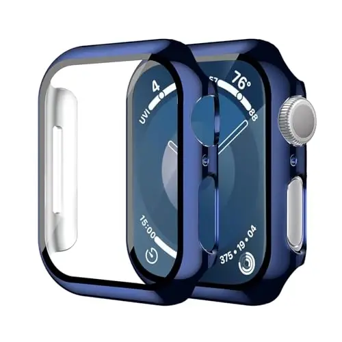 Smiling 2 Pack Case Compatible with Apple Watch Series 9 (2023)/Series 8 /Series 7 41mm with Tempered Glass Screen Protector, Hard PC Case Overall Protective Cover - 1 Blue + 1 Transparent 