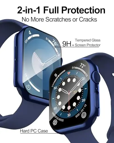 Smiling 2 Pack Case Compatible with Apple Watch Series 9 (2023)/Series 8 /Series 7 41mm with Tempered Glass Screen Protector, Hard PC Case Overall Protective Cover - 1 Blue + 1 Transparent - 2
