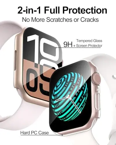 Smiling 2 Pack Case Compatible with Apple Watch Series 11 (2025)/ Series 10 46mm with Tempered Glass Screen Protector, Hard PC Case Overall Protective Cover- 1 Rose Gold + 1 Transparent - 2