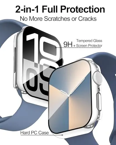 Smiling 2 Pack Case Compatible with Apple Watch Series 11 (2025)/10 42mm with Tempered Glass Screen Protector, Hard PC Case Overall Protective Cover- 1 Silver + 1 Transparent - 6