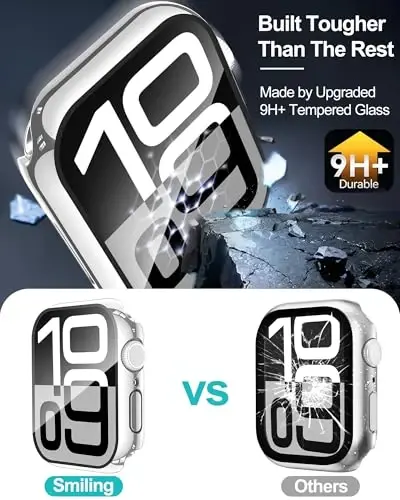 Smiling 2 Pack Case Compatible with Apple Watch Series 11 (2025)/10 42mm with Tempered Glass Screen Protector, Hard PC Case Overall Protective Cover- 1 Silver + 1 Transparent - 7