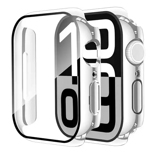 Smiling 2 Pack Case Compatible with Apple Watch Series 11 (2025)/10 42mm with Tempered Glass Screen Protector, Hard PC Case Overall Protective Cover- 1 Silver + 1 Transparent 