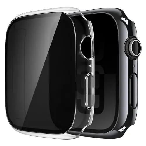 Misxi 2 Pack All-around Protective Privacy PC HD Case for Apple Watch Series 11 (2025) Series 10 42mm, Shockproof Ultra-Thin Cover with Anti-Spy Tempered Glass Screen Protector for iWatch, 1 Jet Black + 1 Transparent - 1
